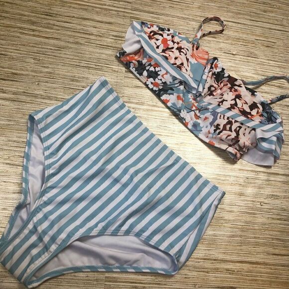 58 Misassy Women's Flounce bandeau High waist Bikini set BLUE STRIPE sz S - Picture 1 of 2